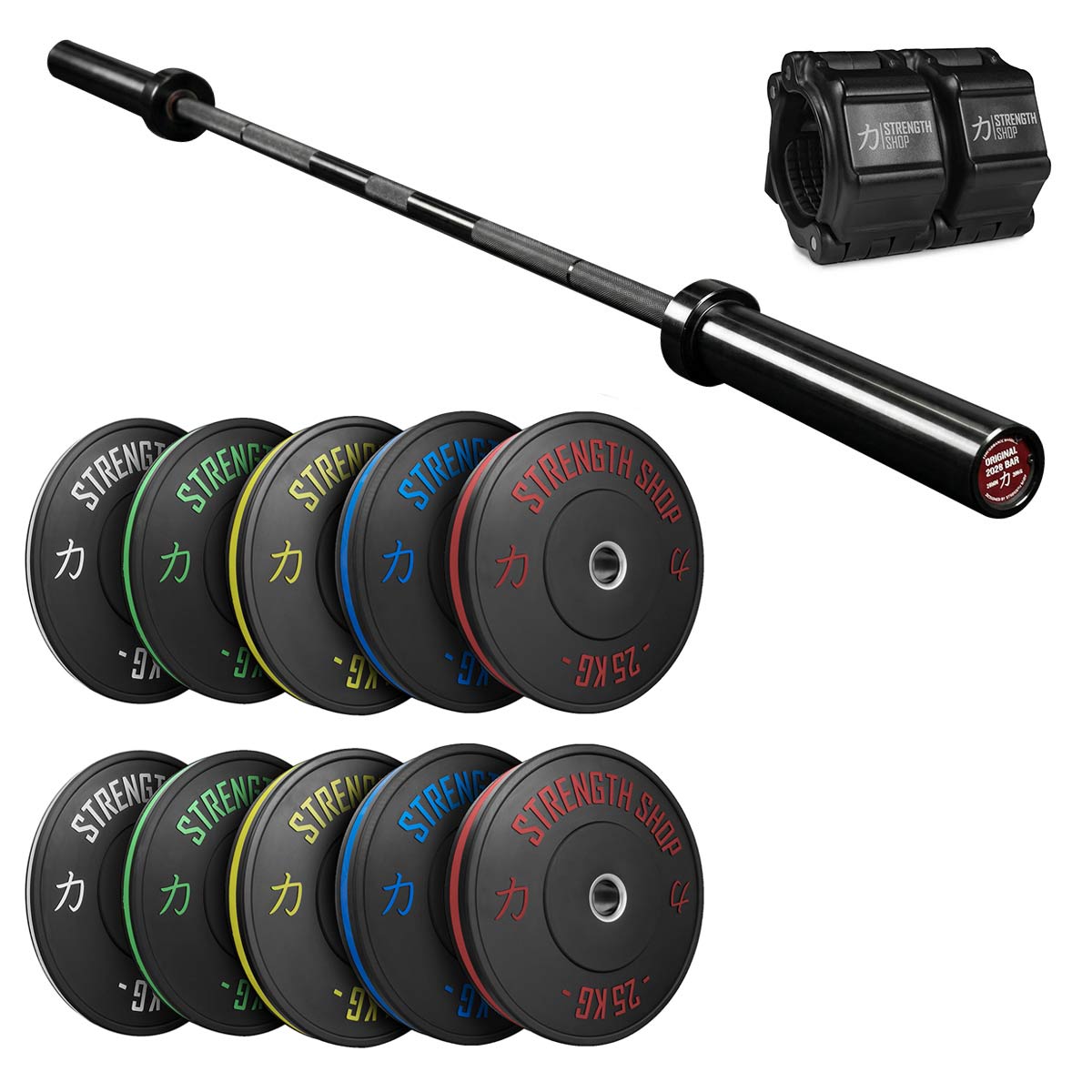 Stripe Bumper Plates Set, Original 2028 Olympic Bar & Flip Lock V2 Collars Package