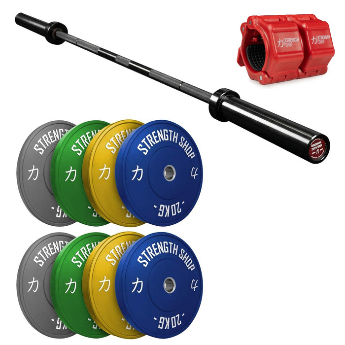 Riot Bumper Plates 2.0 Set Coloured, Original 2028 Olympic Bar & Flip Lock V2 Collars Package