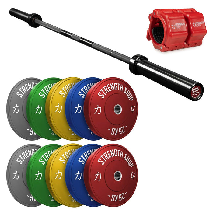 Riot Bumper Plates 2.0 Set Coloured, Original 2028 Olympic Bar & Flip Lock V2 Collars Package