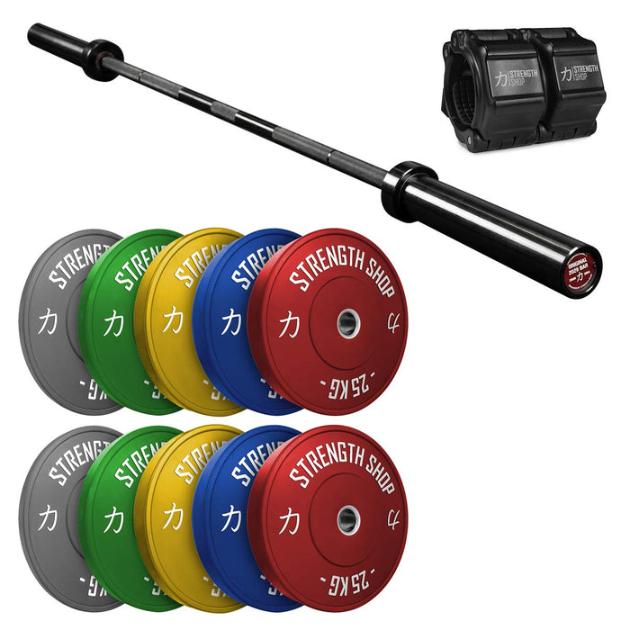 Riot Bumper Plates 2.0 Set Coloured, Original 2028 Olympic Bar & Flip Lock V2 Collars Package
