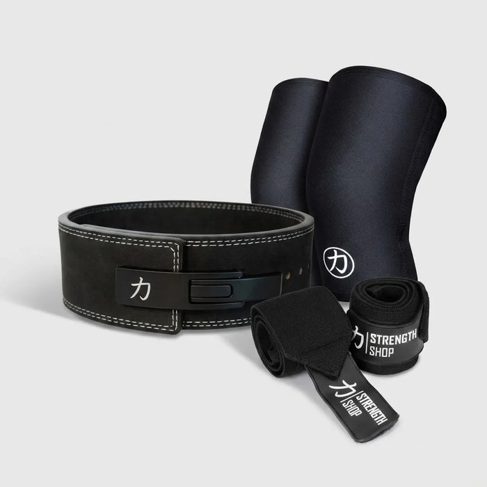 Strength Stack - Black - 10mm Lever Belt, 7mm Inferno Knee Sleeves & Zeus Wrist Wraps