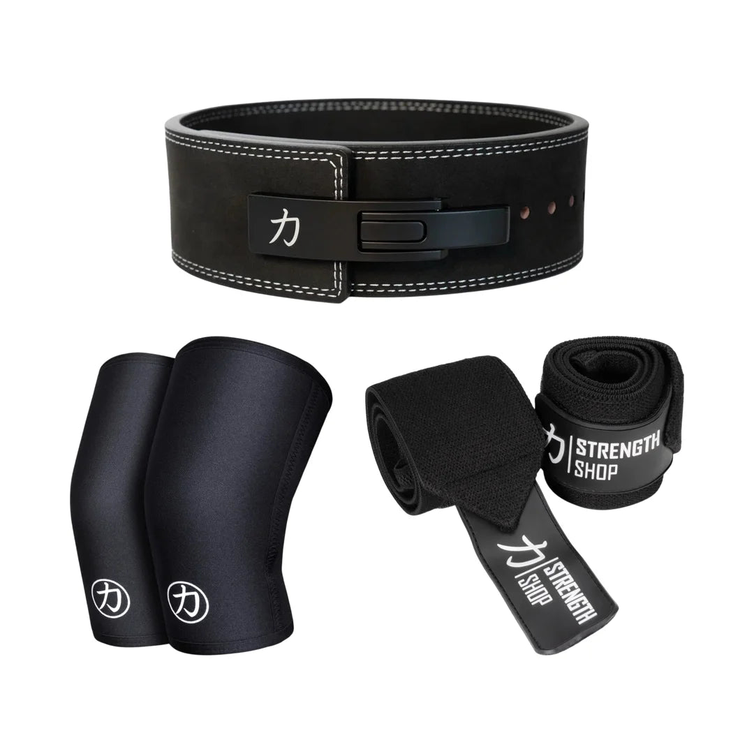 Strength Stack - Black - 10mm Lever Belt, 7mm Inferno Knee Sleeves & Zeus Wrist Wraps
