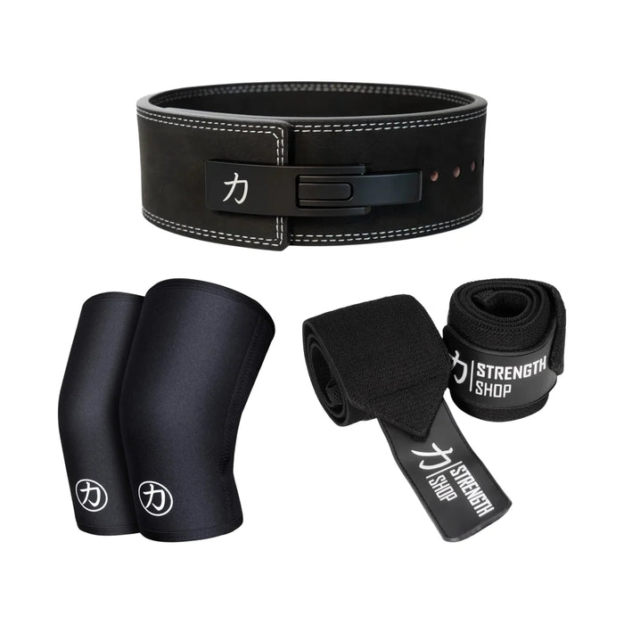 Strength Stack - Black - 10mm Lever Belt, 7mm Inferno Knee Sleeves & Zeus Wrist Wraps